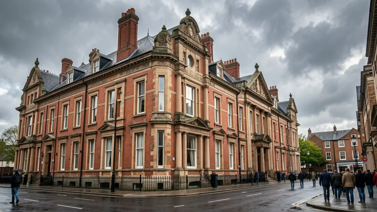 Generic image of a historic red-brick building facade under a cloudy sky.