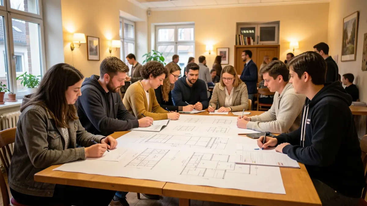 Generic image of a community consultation meeting with people discussing plans.