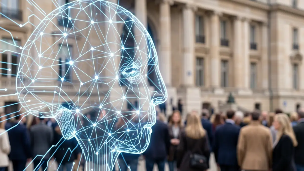 Abstract representation of artificial intelligence and government policy.