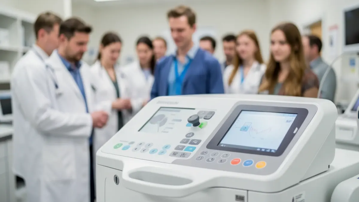 Close-up of medical simulation technology with blurred background of staff and students.
