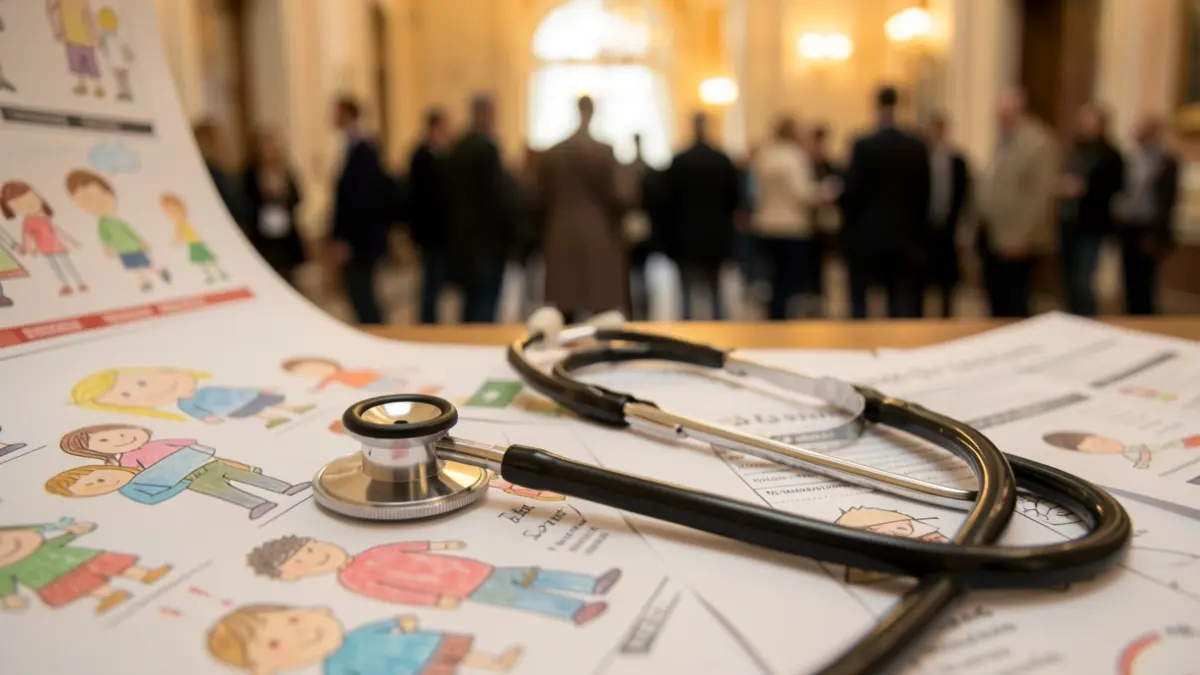 Generic image of a stethoscope on blurred medical documents and children's drawings.