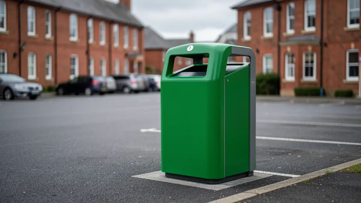 Generic image of a new litter bin on a car park edge.