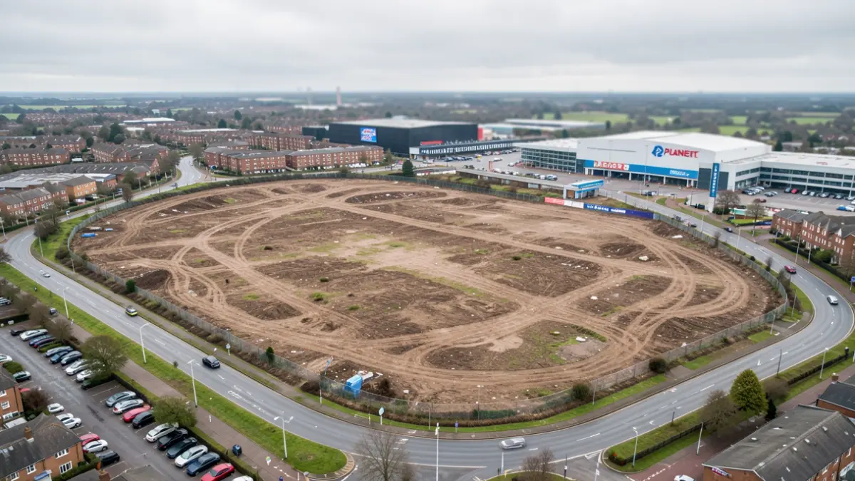 Aerial view of the Oakfield Road and Moss Lane development site in Altrincham town centre.