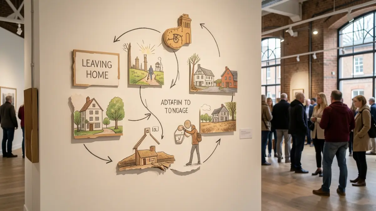 An art display about a young person's experience of displacement and adapting to a new environment.