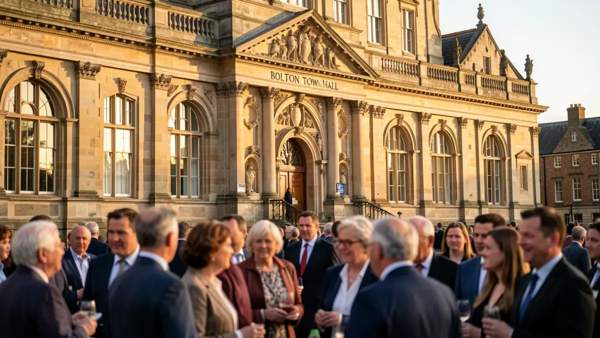 Bolton Town Hall facade with a diverse group of people at a community event.