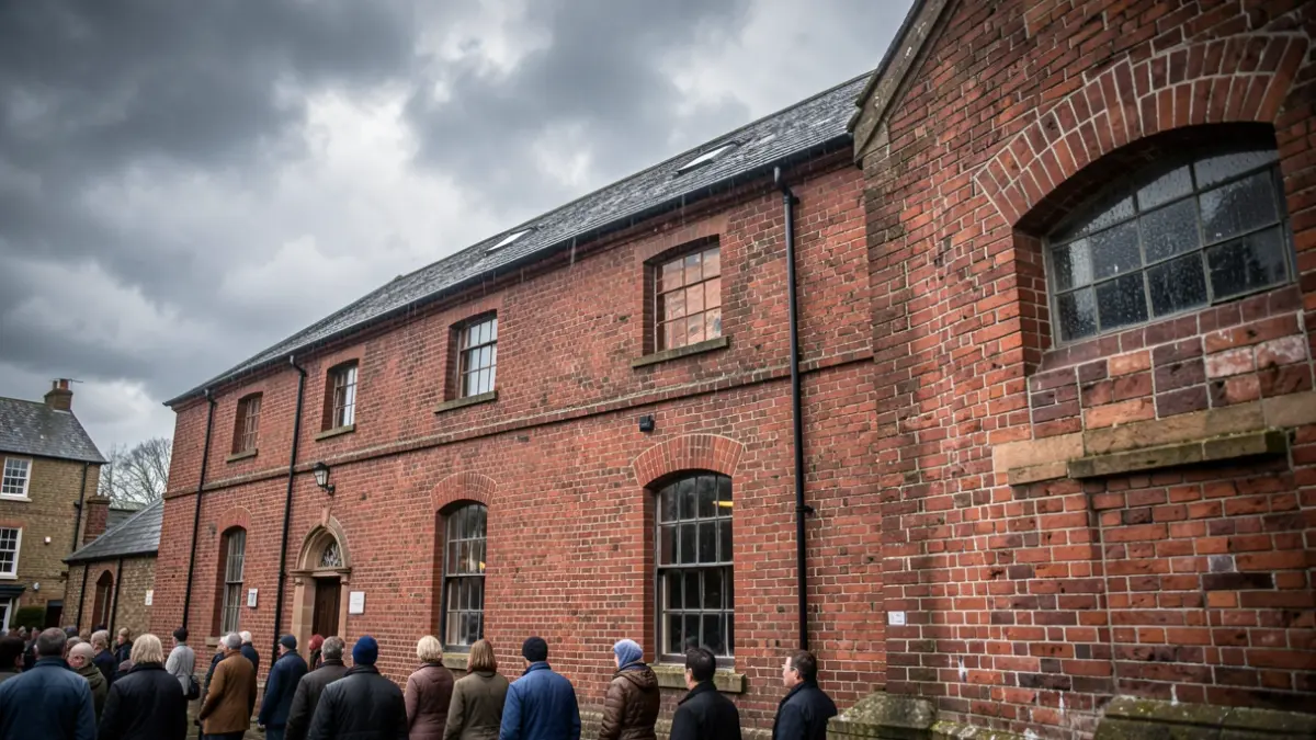Close-up of a red brick mill building in North West England under a dramatic, cloudy sky, with a hint of rain on the stone.