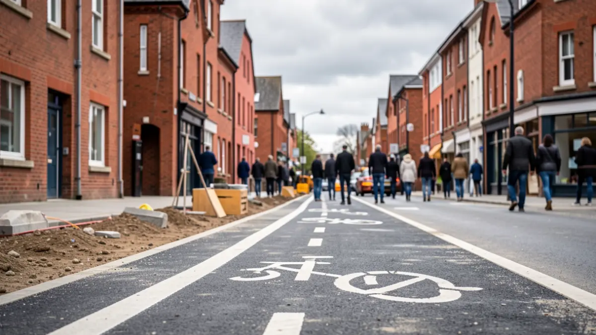 Construction of a new segregated cycle path in Bolton town centre, with red brick buildings and a grey sky.