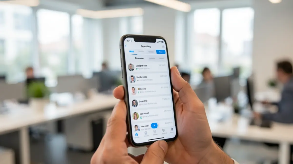 Close-up of a hand holding a mobile phone with a reporting app.