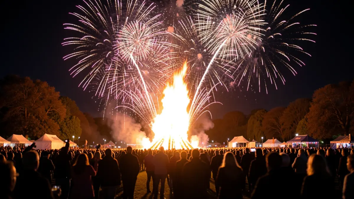Spectacular fireworks display over a large bonfire at Carlisle Fireshow in Bitts Park.