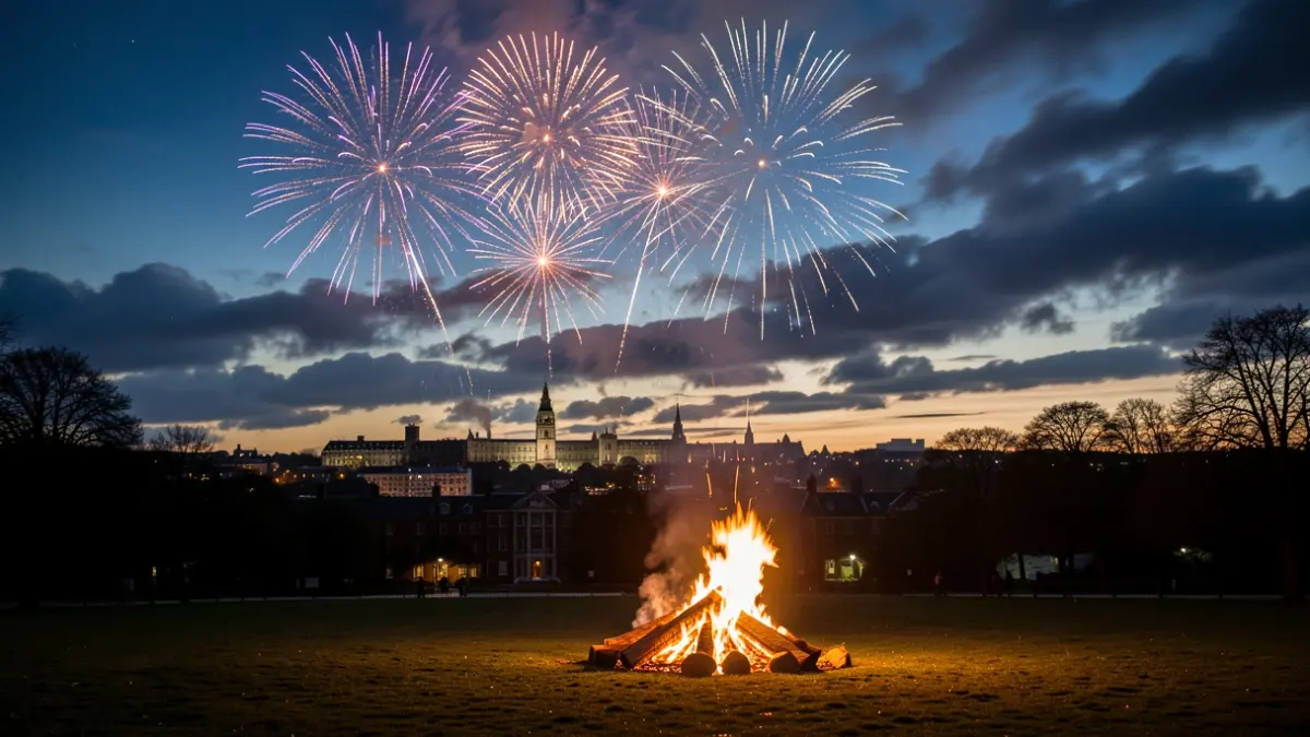 Generic image of a fireworks display over a park with a bonfire.