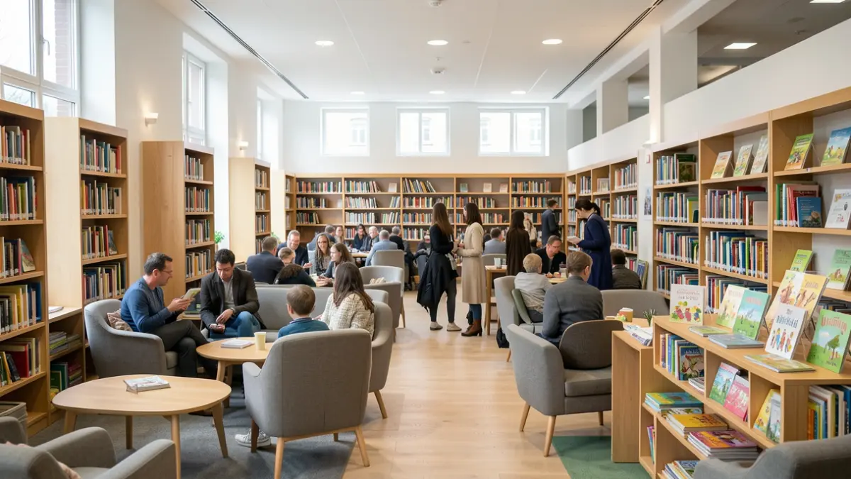 Generic image of a modern library interior with seating and bookshelves.