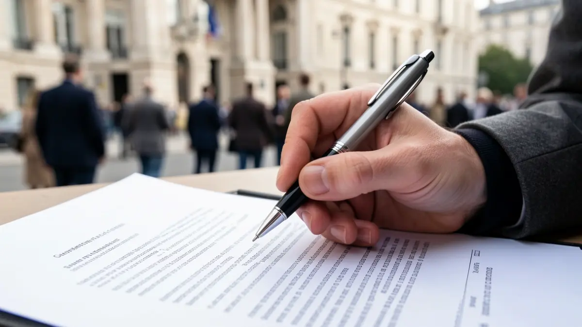 Close-up of a hand about to sign an official document.