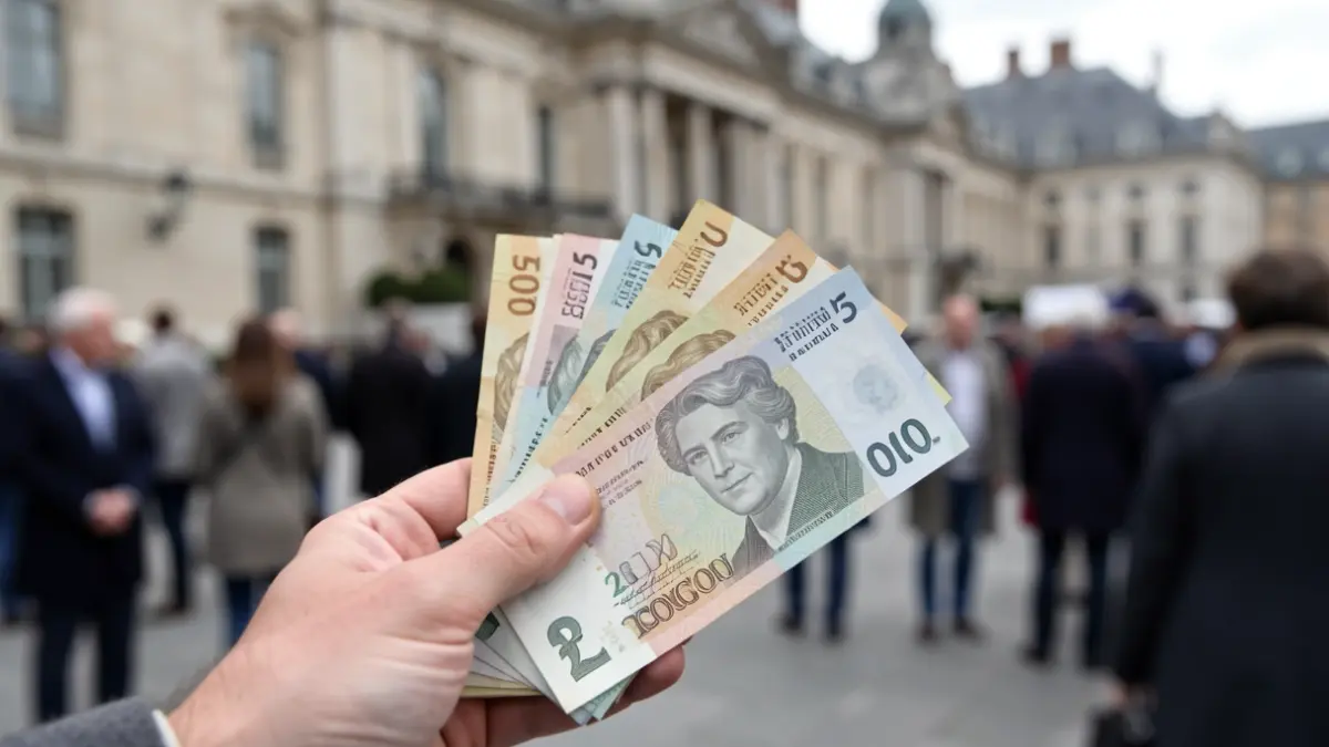 Generic image of a hand holding pound sterling banknotes, with a blurred government building facade in the background.