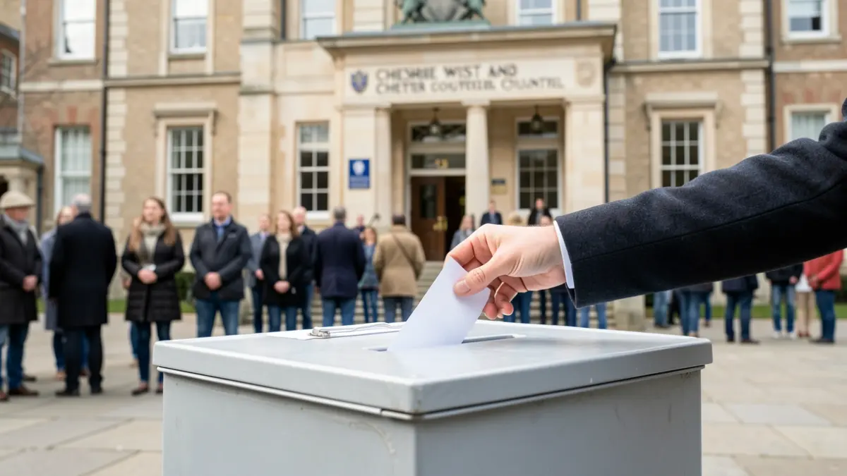 Generic image of a ballot box with a hand casting a vote, set against a backdrop of a civic building facade, soft daylight.