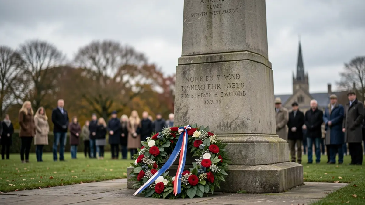 A solemn wreath-laying ceremony at a war memorial in North West England on an overcast day.