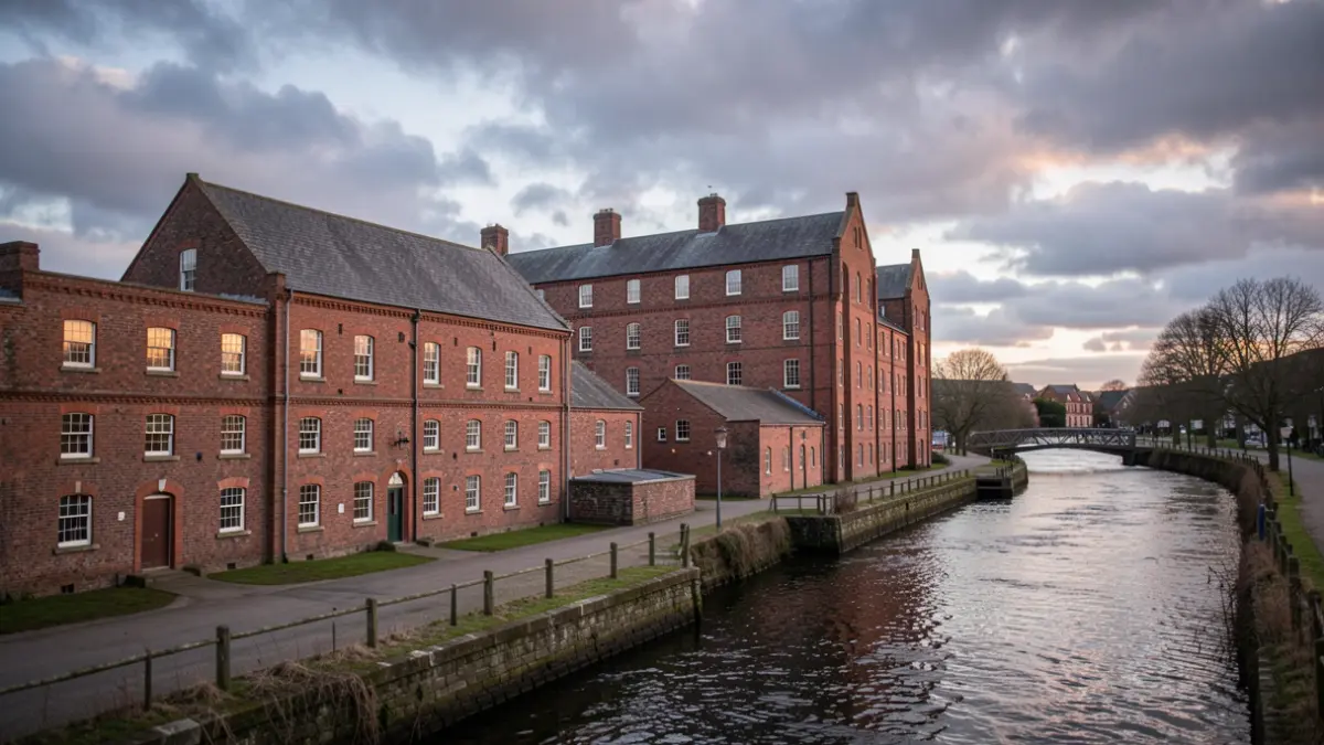 Generic image of historic red-brick industrial buildings alongside a waterway in Northern England under a moody sky.