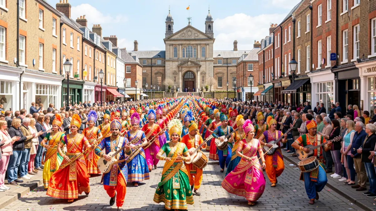 Diwali parade in Chester with traditional Indian dancers and musicians.