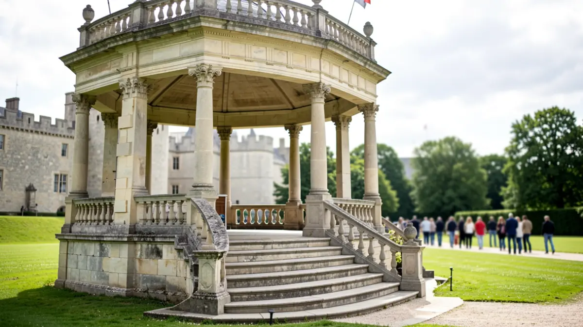 Generic image of a stone bandstand with tiered steps and railings in a park setting.