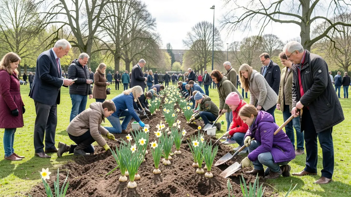 Community members and councillors planting daffodil bulbs in a park in Westhoughton.