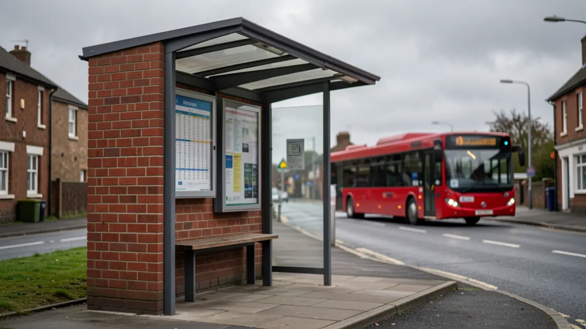 A bus stop in Congleton with a bus arriving.