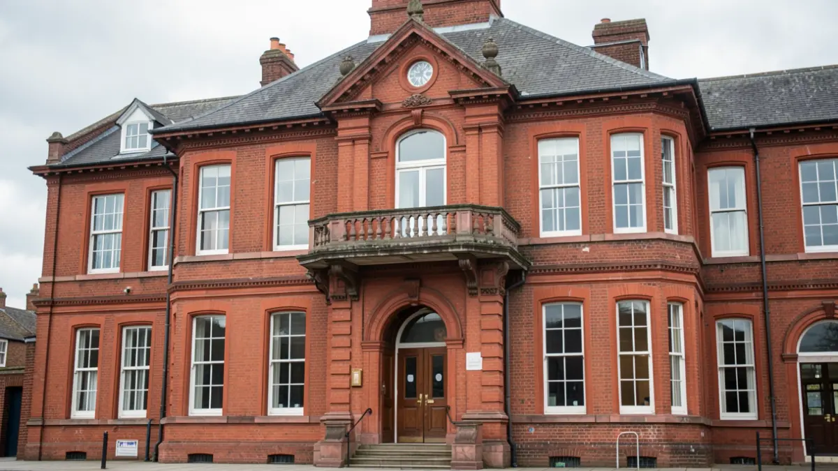 Generic image of a red-brick town hall building with a balcony under a grey sky.