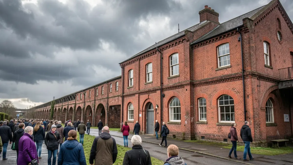 Red-brick industrial architecture under a dramatic, cloudy sky.