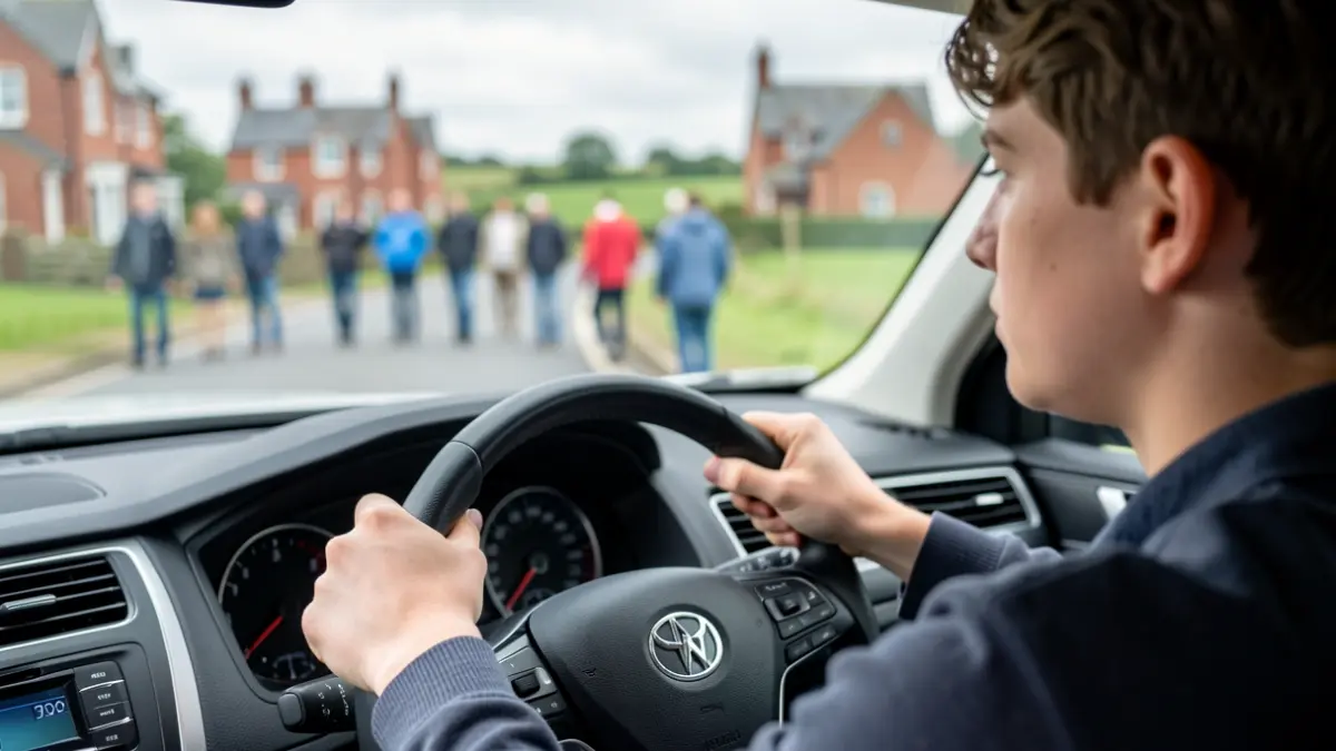 A young driver gripping the steering wheel, with a blurred North West England road scene in the background.
