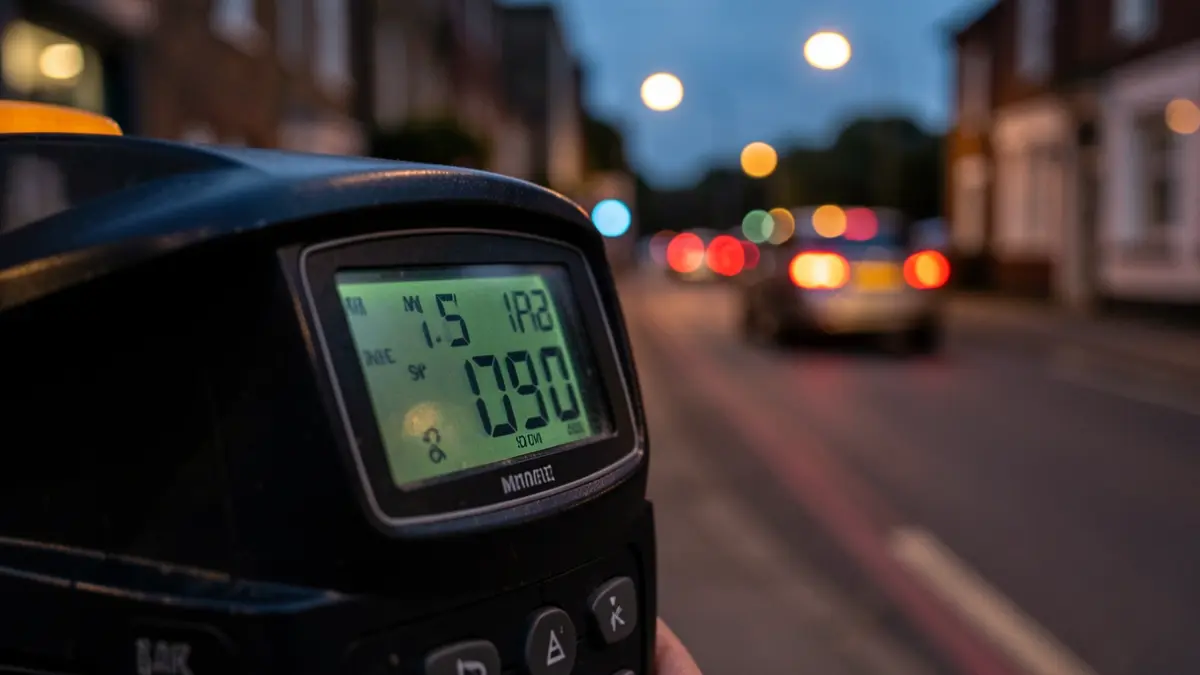 Close-up of a taxi meter displaying a fare, with a blurred North West England street scene at night.