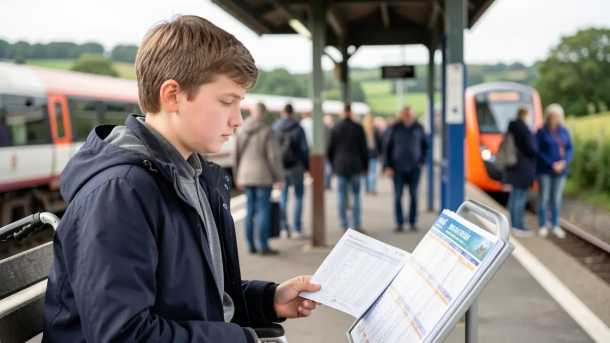 A young person with a disability contemplates a bus timetable at a rural train station.