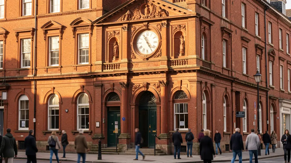 Facade of a North West England town hall during an operation to support local businesses.