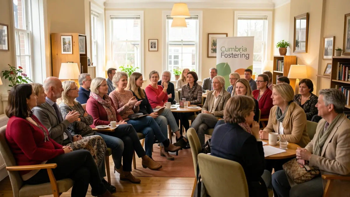 A diverse group of people attending a Cumbria Fostering information session in North West England.