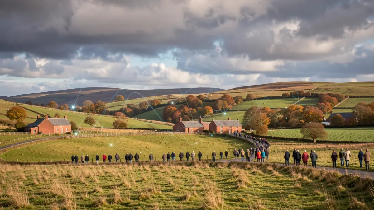 Generic image of a rural North West England landscape with hills and farm buildings under a cloudy sky, with subtle digital connectivity elements.