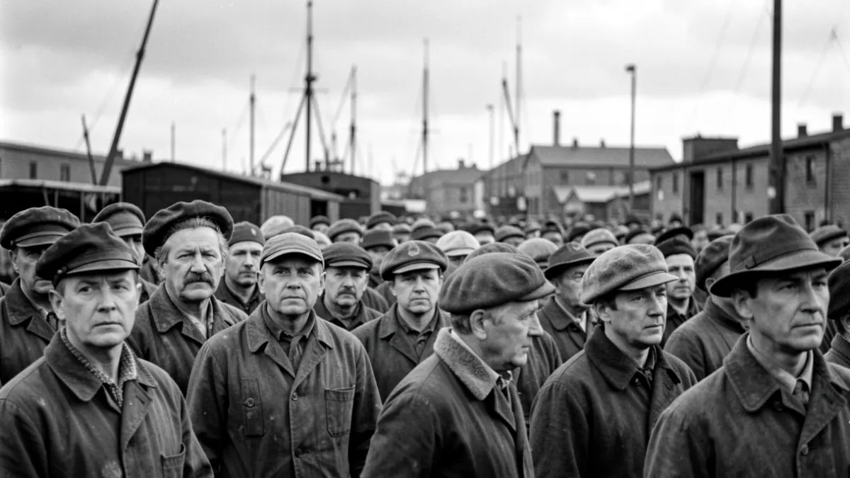 Generic image of a close-up of a vintage black and white photograph showing a group of people in industrial clothing, with a blurred background of a 19th-century dockyard.