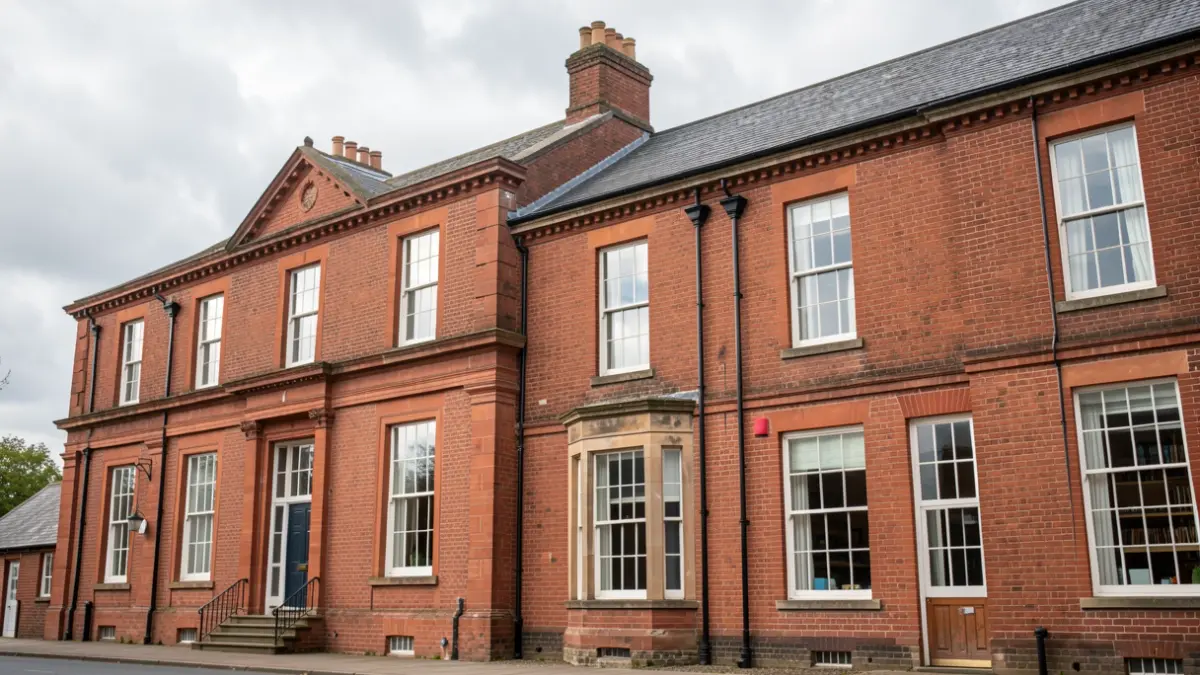 Generic image of a red-brick building with large windows under a cloudy sky.