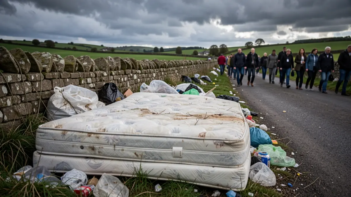 Fly-tipped rubbish including a mattress and furniture dumped on a rural lane in Lancashire.