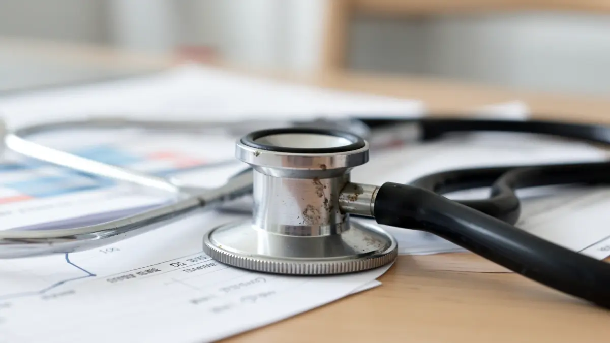 Generic image of a stethoscope on blurred medical documents.