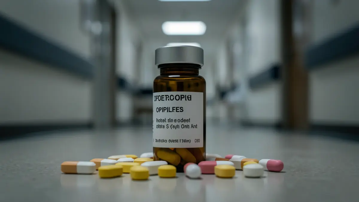 Opioid medication and prescription bottle, representing pain relief management.