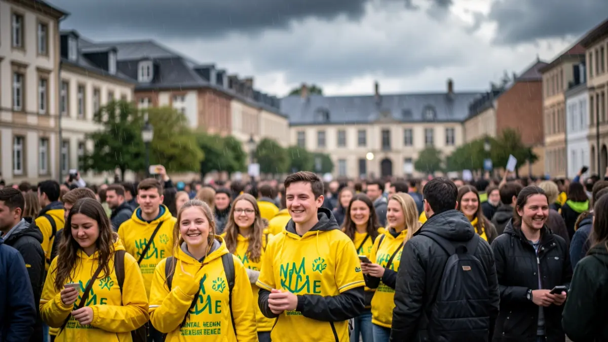 Generic image of students wearing yellow for a mental health awareness campaign, with blurred college buildings in the background.
