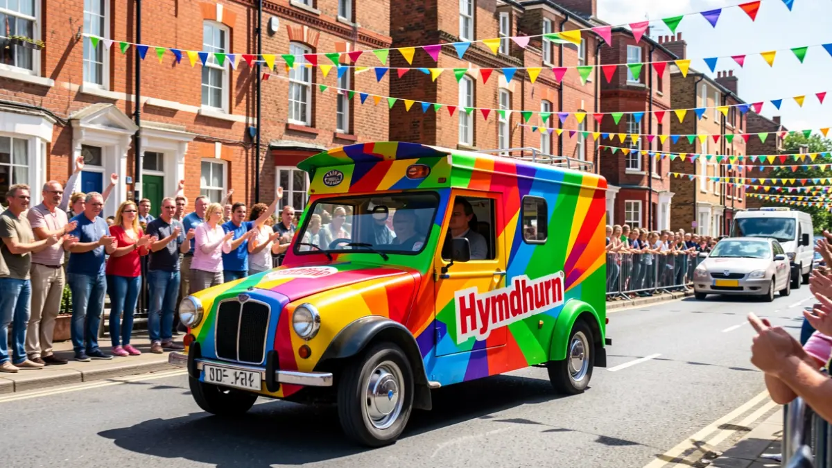 A Hyndburn Soapbox Challenge event with a colourful car and cheering crowds.