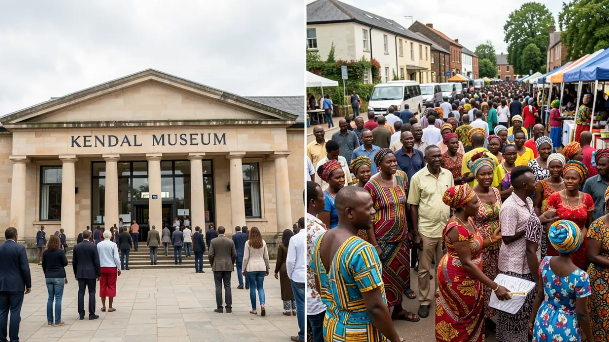 Generic image of a museum facade and a community scene.