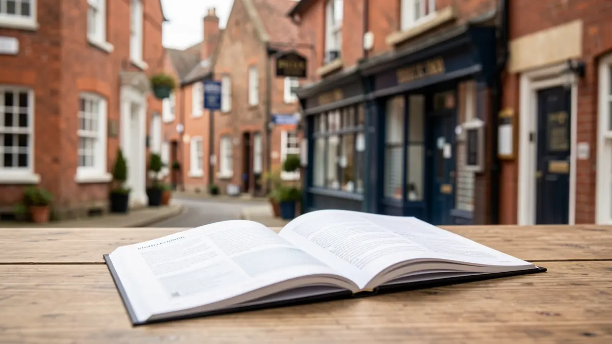 Generic image of an open visitor guide booklet on a table, with a blurred background of a British town street.