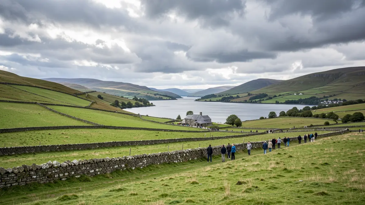 Scenic view of the Lake District National Park with fells and drystone walls.