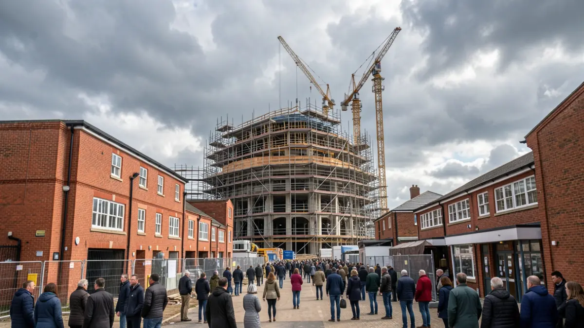 Generic image of a construction site for new buildings in a town centre, with scaffolding and cranes against a cloudy sky.