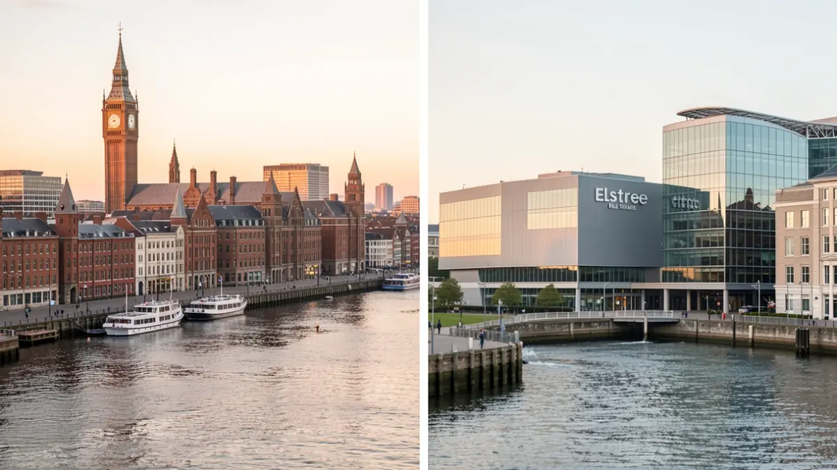 Split image of Liverpool waterfront and Elstree Film Studios, representing a creative corridor partnership.