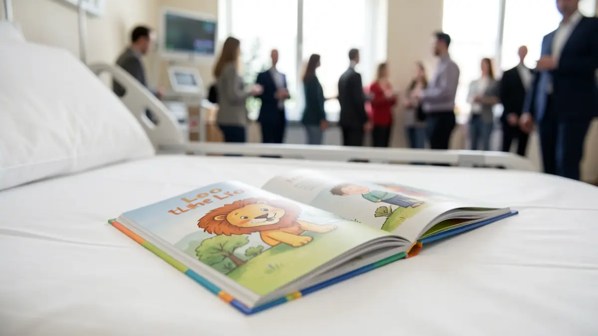 A children's storybook titled 'Leo the Lion' with colourful illustrations, placed on a hospital bedspread.