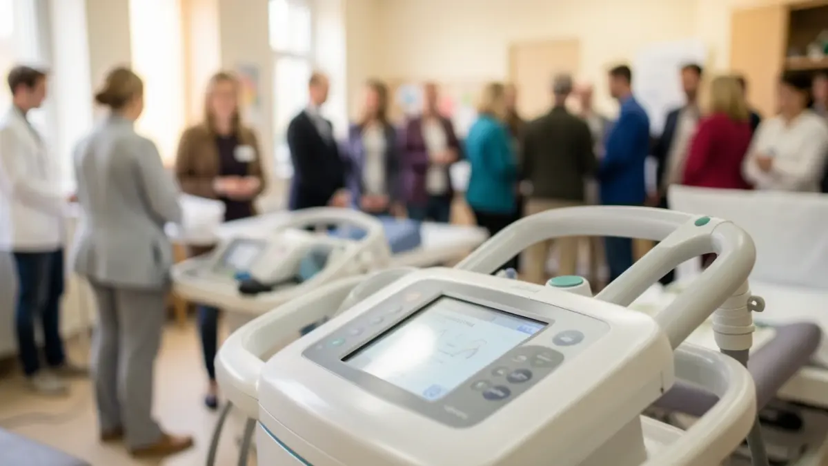 Generic image of close-up of a medical rehabilitation device with blurred physiotherapy equipment in the background, soft, hopeful lighting, representing recovery and progress.