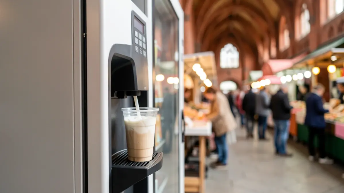 Generic image of a milkshake vending machine in a market setting.