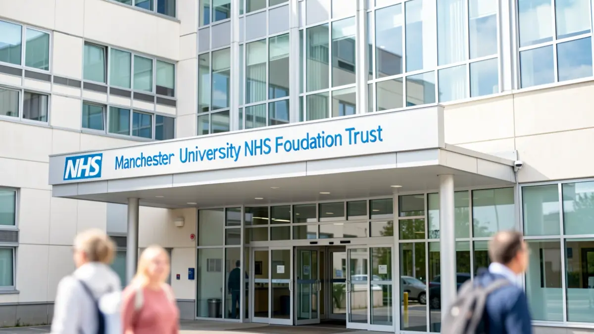 Generic image of a modern hospital building facade with clear signage, bright daylight, and blurred figures in the foreground.