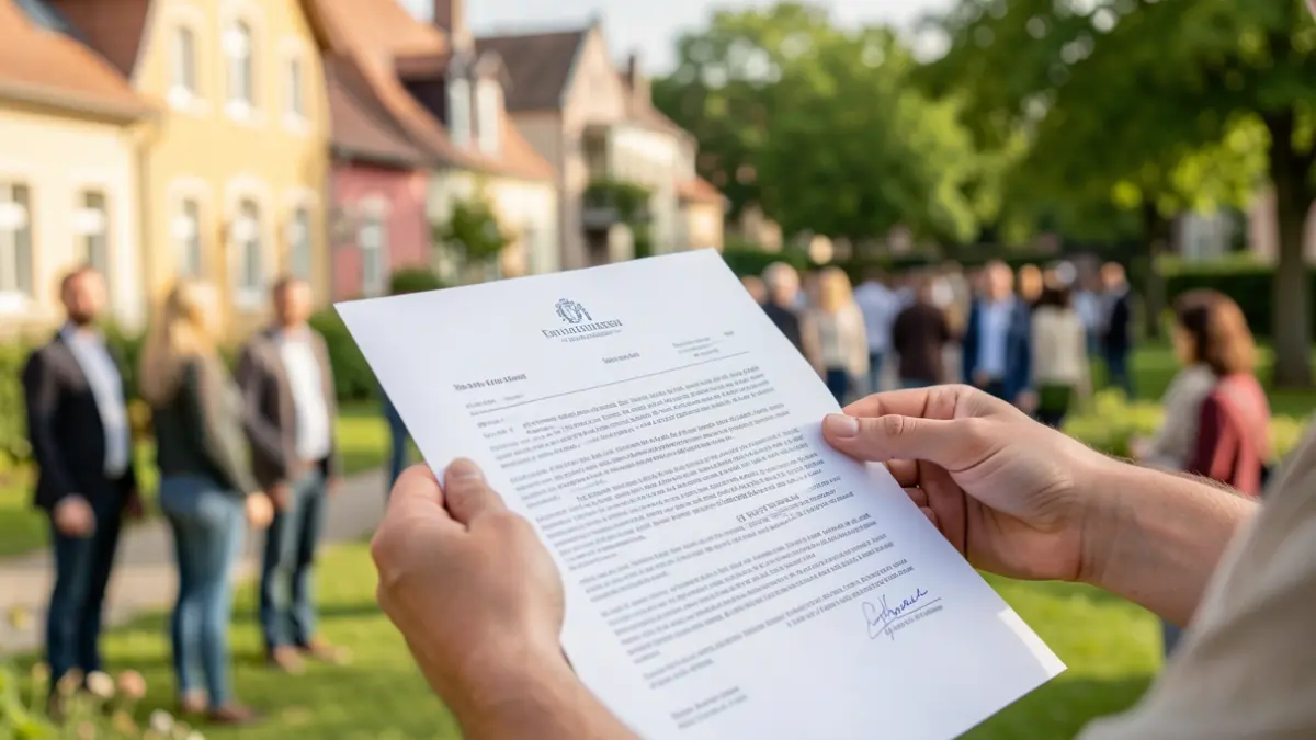 A hand holding a grant application form, with a blurred background of community buildings and green spaces.