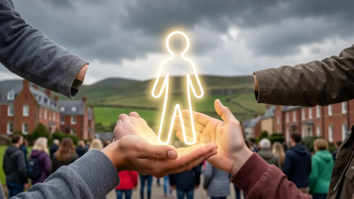 Symbolic image of hands supporting a young person's outline, with a North West England landscape in the background.